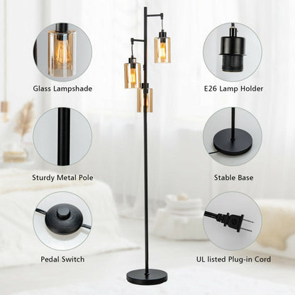 Retro Floor Lamp with 3-Head Hanging Amber Glass Shade
