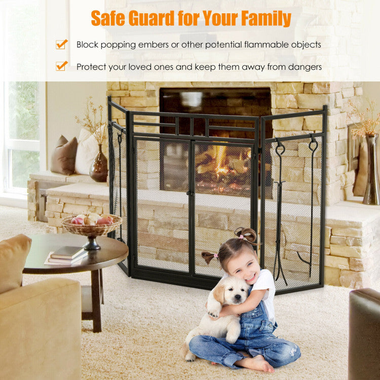 3-Panel Folding Wrought Iron Fireplace Screen with Doors and 4 Pieces Tools Set