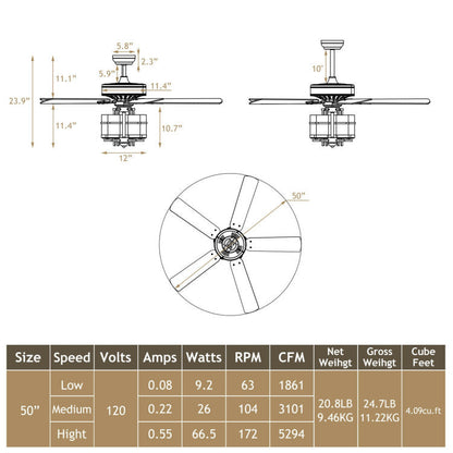 50 Inch Noiseless Ceiling Fan Light with Explosion-proof Glass Lampshades