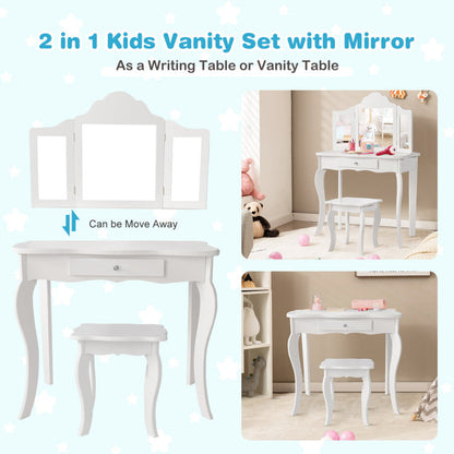 Kids Dressing Vanity Set with Detachable Tri-Folding Mirror and Stool