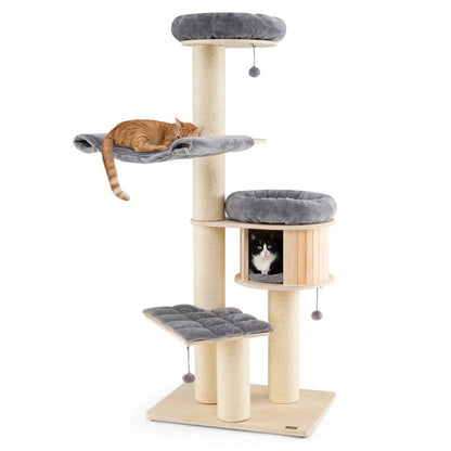 4-Layer 68.5-Inch Wooden Cat Tree Condo Activity Tower with Sisal Posts