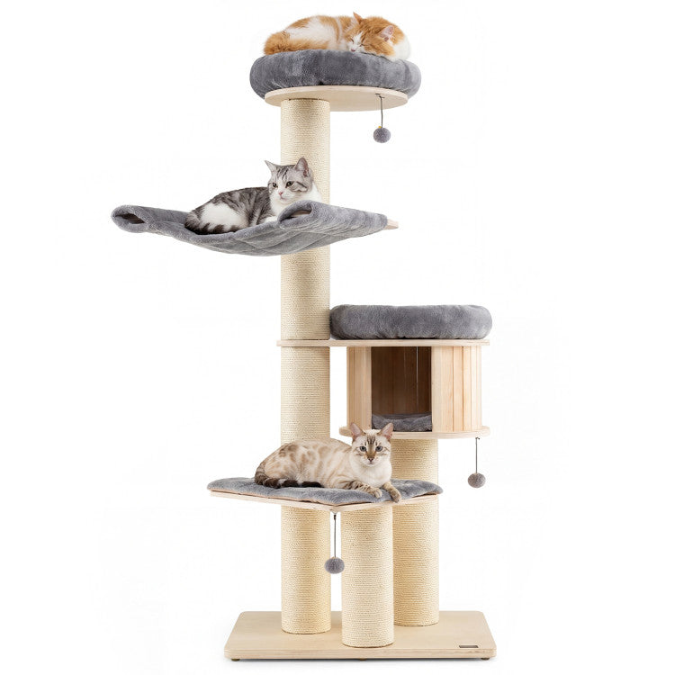 4-Layer 68.5-Inch Wooden Cat Tree Condo Activity Tower with Sisal Posts