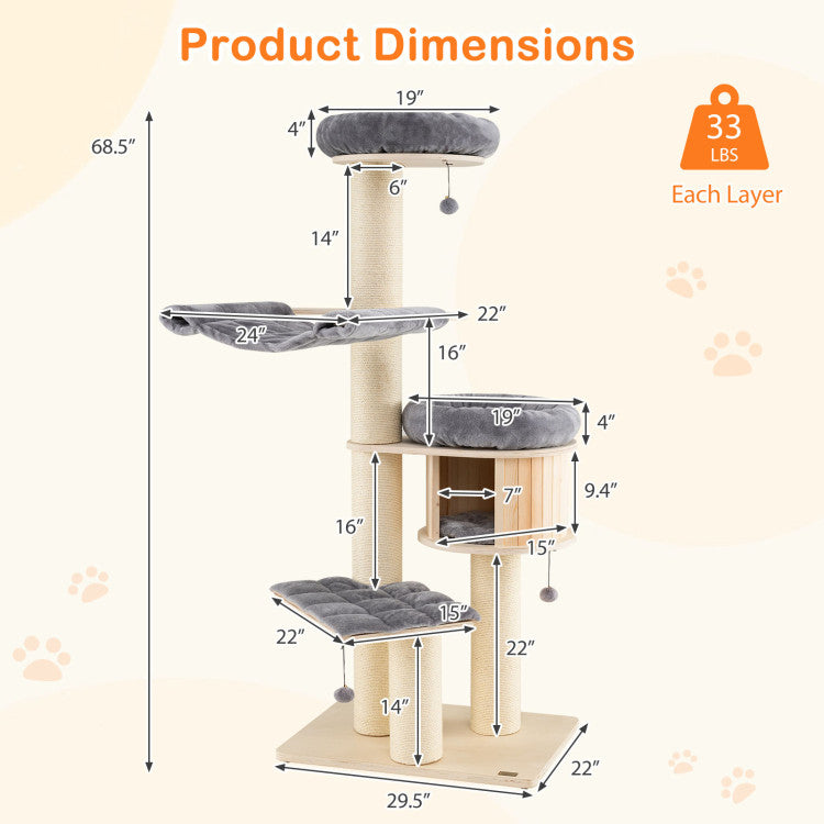 4-Layer 68.5-Inch Wooden Cat Tree Condo Activity Tower with Sisal Posts