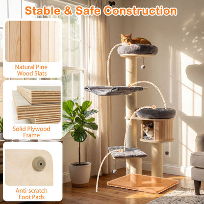 4-Layer 68.5-Inch Wooden Cat Tree Condo Activity Tower with Sisal Posts