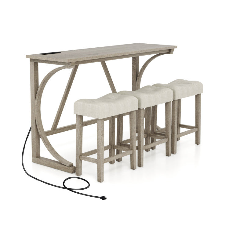 4-Piece Bar Table Set with Power Outlet and Upholstered Saddle Seat Stools