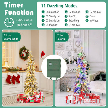 4/5/6 Feet Pre-Lit Artificial Christmas Tree Snow-Flocked Slim Pencil Xmas Decor