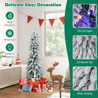 4/5/6 Feet Pre-Lit Artificial Christmas Tree Snow-Flocked Slim Pencil Xmas Decor