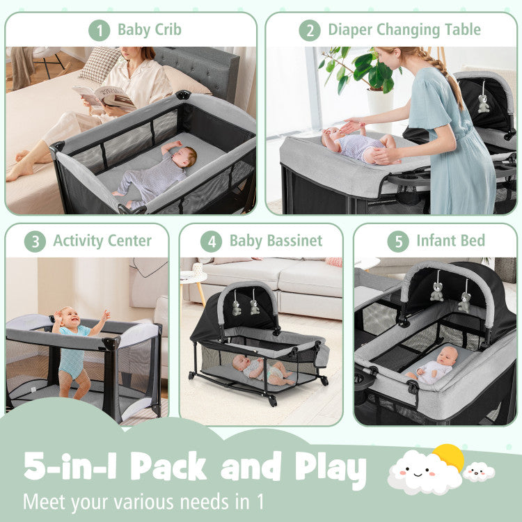 5-in-1 Portable Baby Playard with Changing Table and Storage Basket
