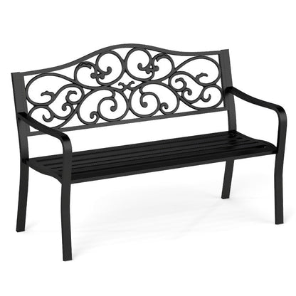50 Inches Outdoor Cast Iron Metal Patio Bench with Floral Design Backrest and Slatted Seat