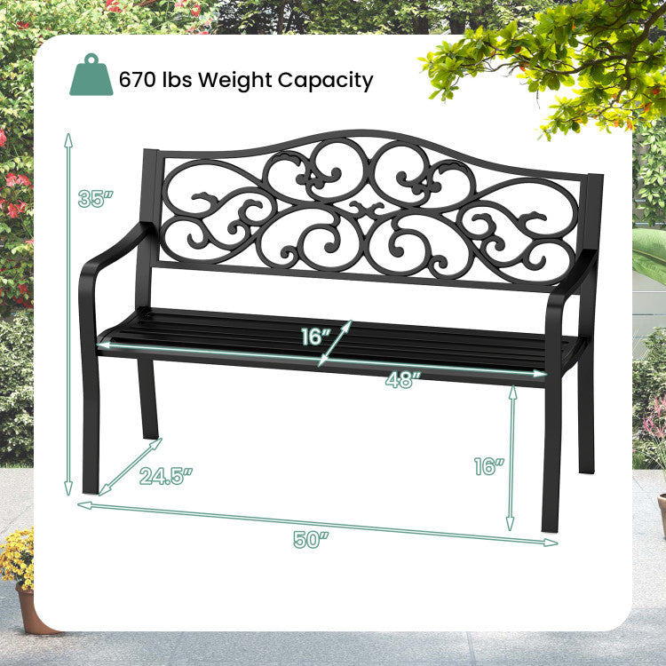 50 Inches Outdoor Cast Iron Metal Patio Bench with Floral Design Backrest and Slatted Seat