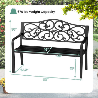 50 Inches Outdoor Cast Iron Metal Patio Bench with Floral Design Backrest and Slatted Seat