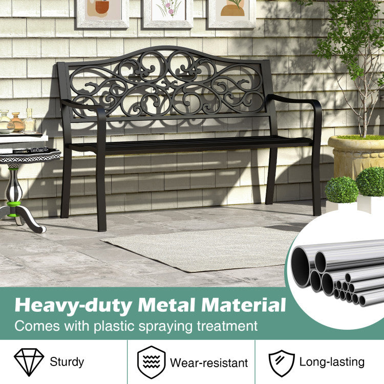 50 Inches Outdoor Cast Iron Metal Patio Bench with Floral Design Backrest and Slatted Seat