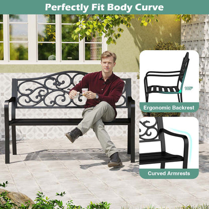 50 Inches Outdoor Cast Iron Metal Patio Bench with Floral Design Backrest and Slatted Seat