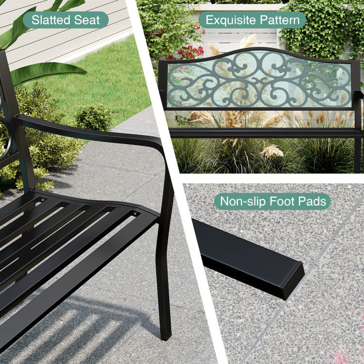 50 Inches Outdoor Cast Iron Metal Patio Bench with Floral Design Backrest and Slatted Seat