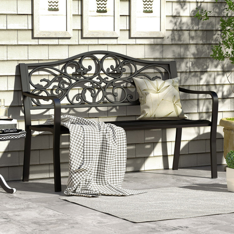 50 Inches Outdoor Cast Iron Metal Patio Bench with Floral Design Backrest and Slatted Seat