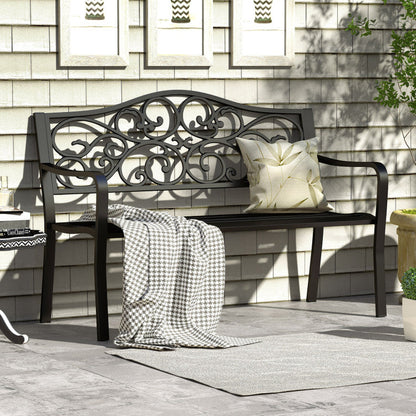 50 Inches Outdoor Cast Iron Metal Patio Bench with Floral Design Backrest and Slatted Seat
