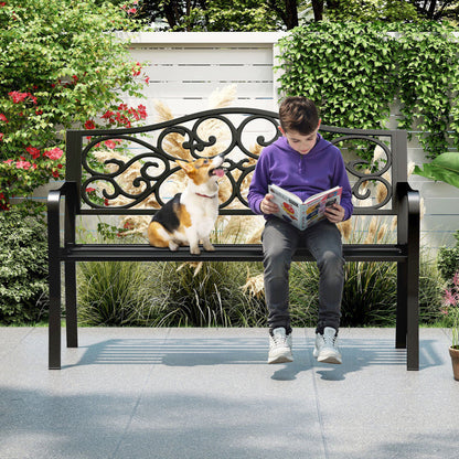 50 Inches Outdoor Cast Iron Metal Patio Bench with Floral Design Backrest and Slatted Seat