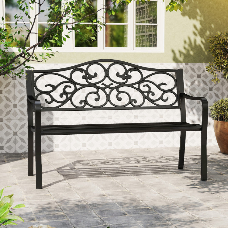50 Inches Outdoor Cast Iron Metal Patio Bench with Floral Design Backrest and Slatted Seat