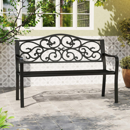 50 Inches Outdoor Cast Iron Metal Patio Bench with Floral Design Backrest and Slatted Seat