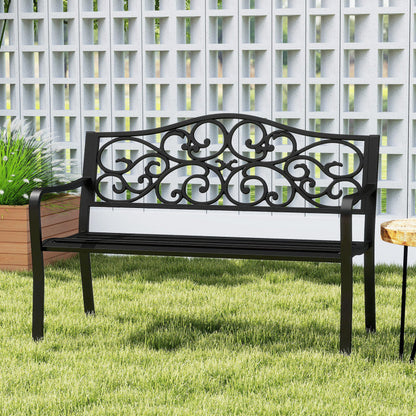 50 Inches Outdoor Cast Iron Metal Patio Bench with Floral Design Backrest and Slatted Seat