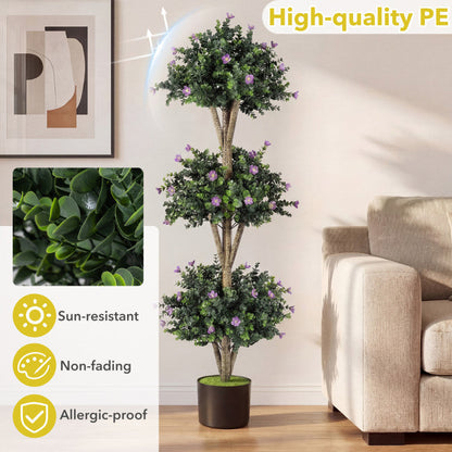 51" Artificial Triple Ball Boxwood Topiary Tree with 59 Blossoms