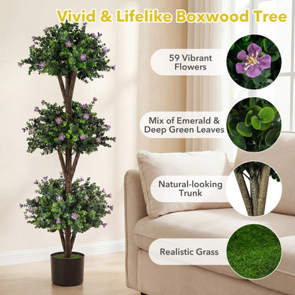 51" Artificial Triple Ball Boxwood Topiary Tree with 59 Blossoms