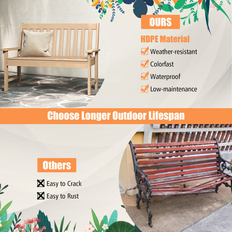 52 Inch All-Weather HDPE Outdoor Bench with Backrest and Armrests