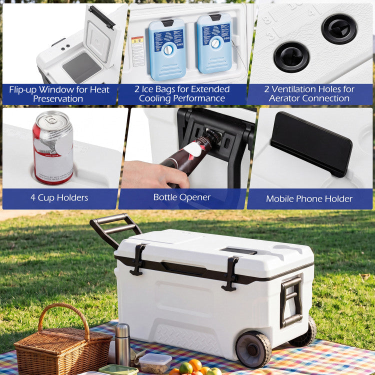 53 Quart Portable Rolling Cooler with Fish Ruler for Outdoor