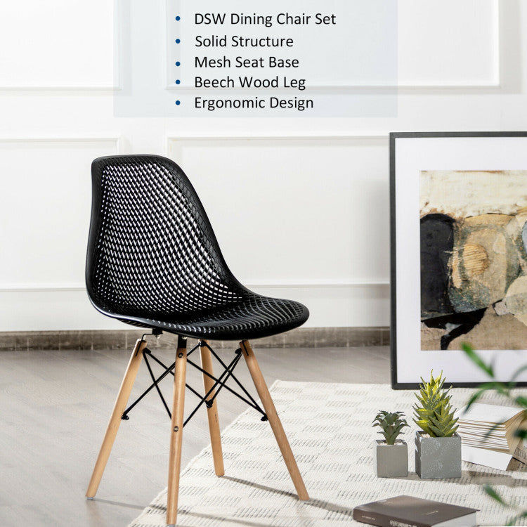 4 Pieces Modern Plastic Hollow Chair Set with Wood Leg