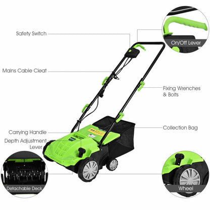 13 Inch 12 Amp Electric Scarifier with Collection Bag and Removable Blades