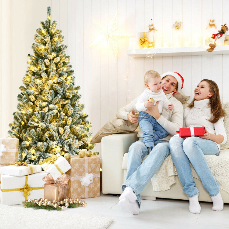 6/7/8 Feet Pre-lit Snow Flocked Christmas Tree with Metal Stand