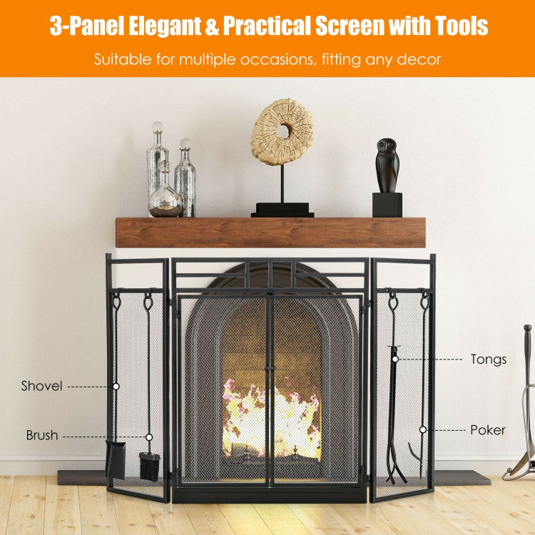 3-Panel Folding Wrought Iron Fireplace Screen with Doors and 4 Pieces Tools Set