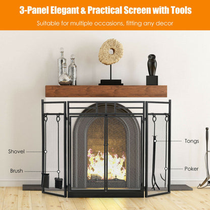 3-Panel Folding Wrought Iron Fireplace Screen with Doors and 4 Pieces Tools Set
