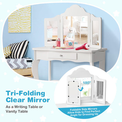 Kids Dressing Vanity Set with Detachable Tri-Folding Mirror and Stool