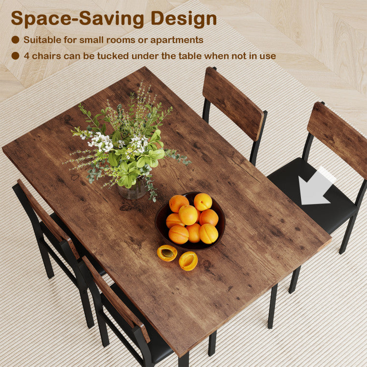 5-Piece Dining Table Set for 4 People Industrial Kitchen Table and 4 PU Leather Chairs