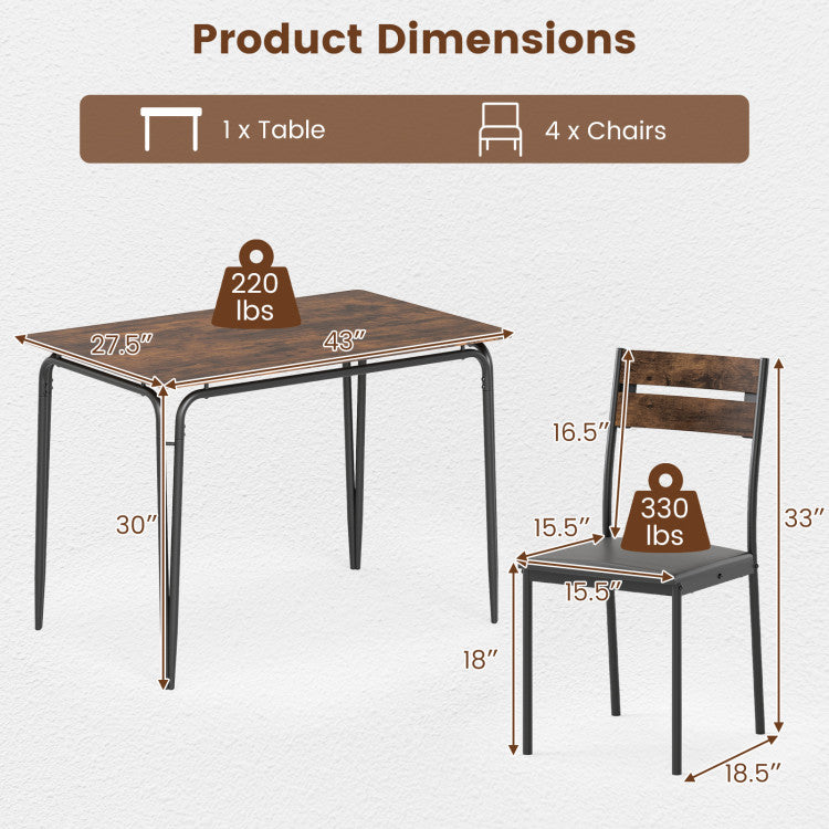 5-Piece Dining Table Set Industrial Rectangular Kitchen Table and 4 Armless Chairs