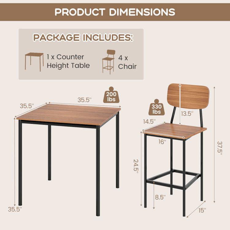 5 Pieces Industrial Dining Table Set with Counter Height Table and 4 Bar Stools