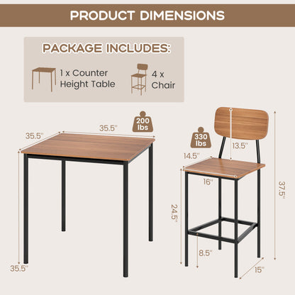 5 Pieces Industrial Dining Table Set with Counter Height Table and 4 Bar Stools