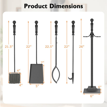 5-Pieces Fireplace Tool Set Indoor Outdoor Fire Place Set Tools with Aluminum Handles