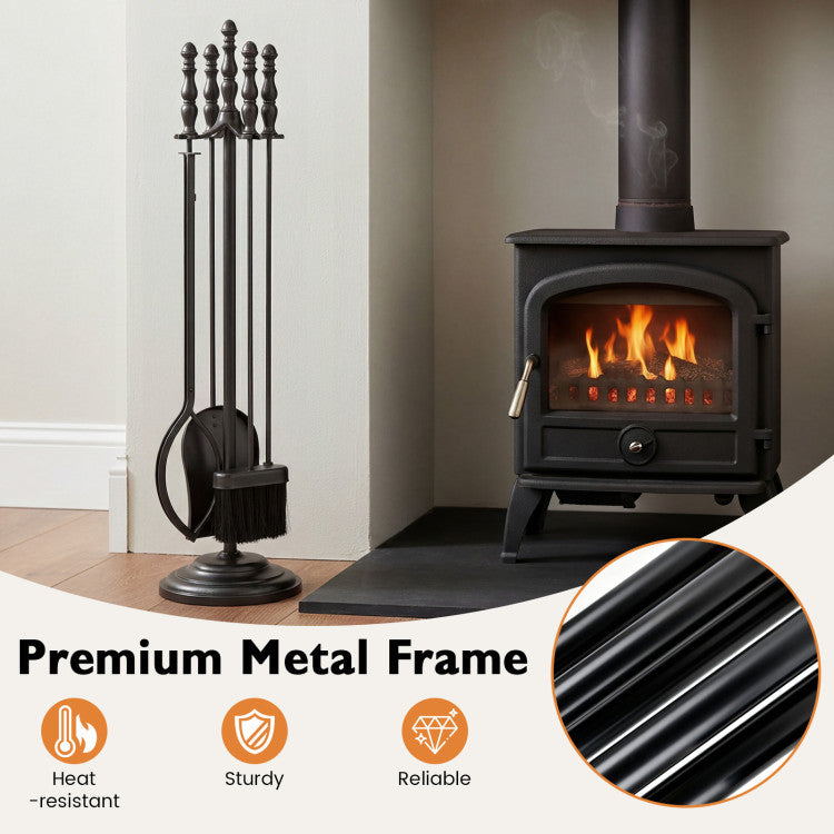 5-Pieces Fireplace Tool Set with Poker Tongs Brush Shovel and Round Stand