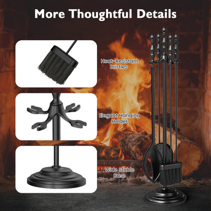 5-Pieces Fireplace Tool Set with Poker Tongs Brush Shovel and Round Stand