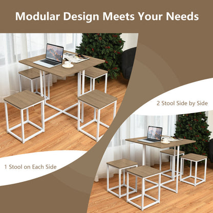5 Pieces Metal Frame Dining Set with Compact Dining Table and 4 Stools