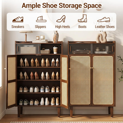 5-Tier Bamboo Shoe Cabinet with Woven Rattan Doors and Sliding Doors for Entryway