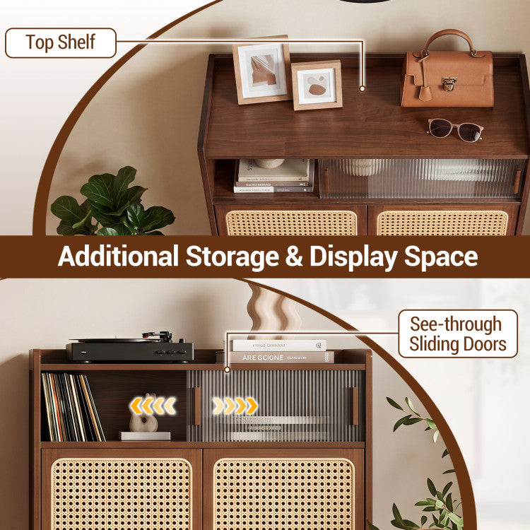 5-Tier Bamboo Shoe Cabinet with Woven Rattan Doors and Sliding Doors for Entryway