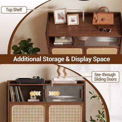 5-Tier Bamboo Shoe Cabinet with Woven Rattan Doors and Sliding Doors for Entryway