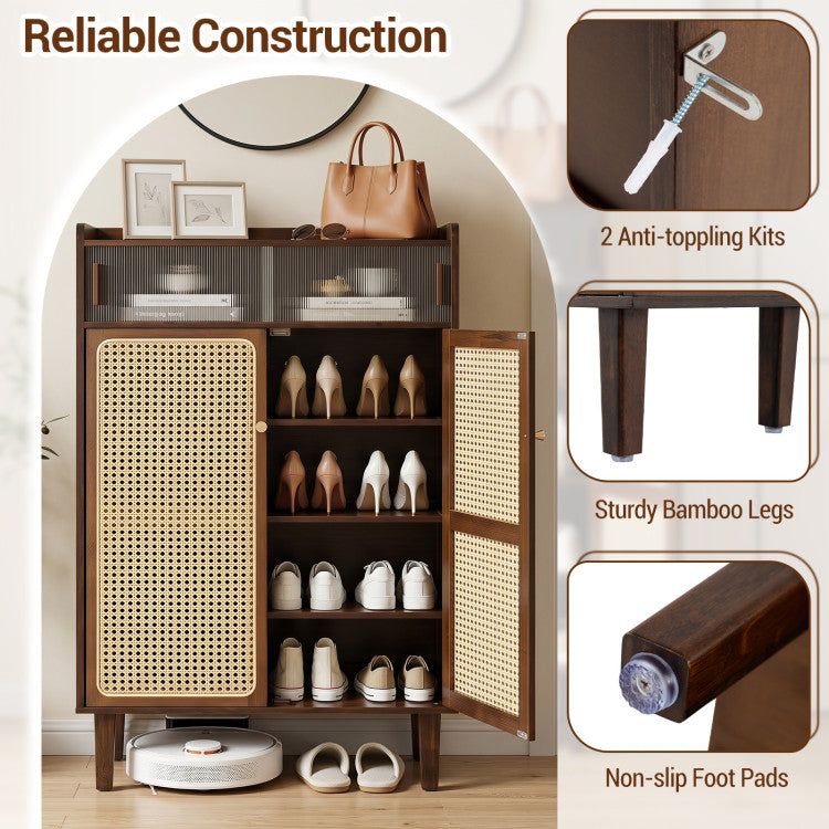 5-Tier Bamboo Shoe Cabinet with Woven Rattan Doors and Sliding Doors for Entryway