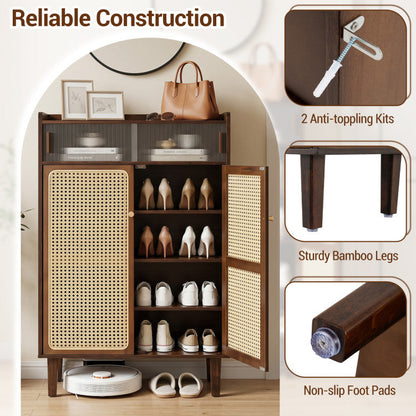 5-Tier Bamboo Shoe Cabinet with Woven Rattan Doors and Sliding Doors for Entryway