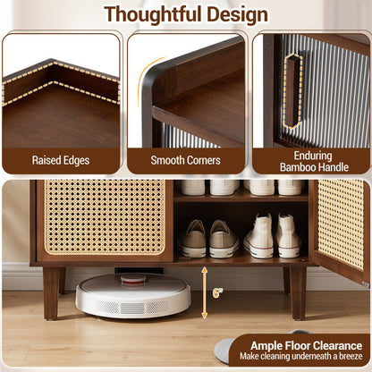 5-Tier Bamboo Shoe Cabinet with Woven Rattan Doors and Sliding Doors for Entryway