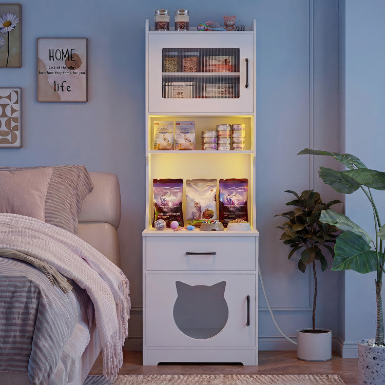 60" Cat Litter Box Enclosure with Adjustable LED Light & Storage Shelves and Charging Station