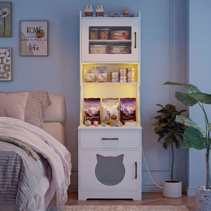 60" Cat Litter Box Enclosure with Adjustable LED Light & Storage Shelves and Charging Station